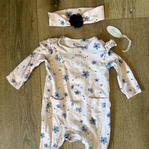 100% Cotton 6-9 Mths Floral Ruffle Sleeves Footed Onesie w/ Headband, Worn Once